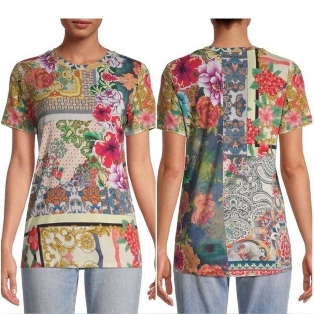 Johnny Was Multicolor Floral Patchwork Short Sleeve Tee